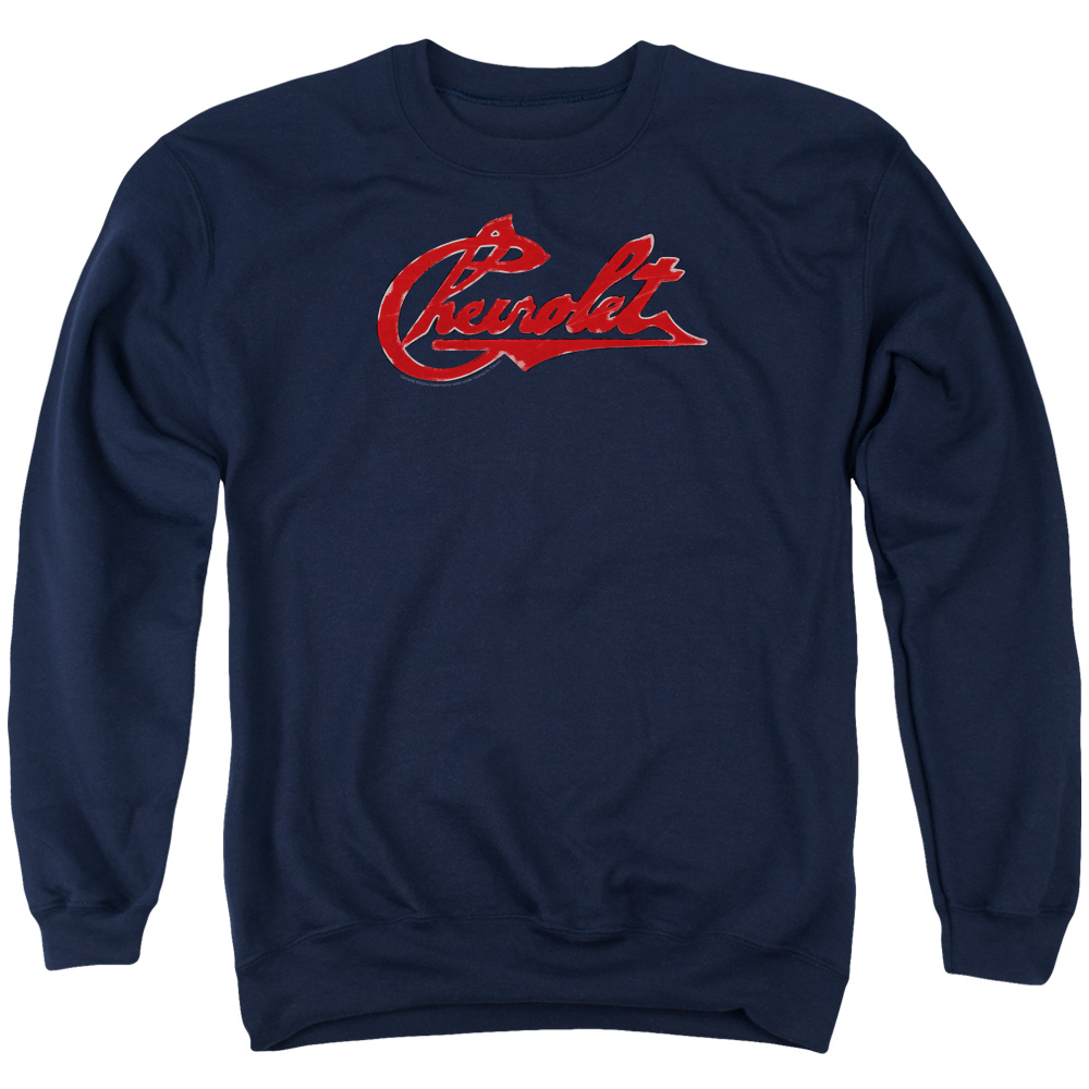 CHV109-AS-1 Chevrolet Script Distressed Adult Crewneck Sweatshirt, Navy - Small