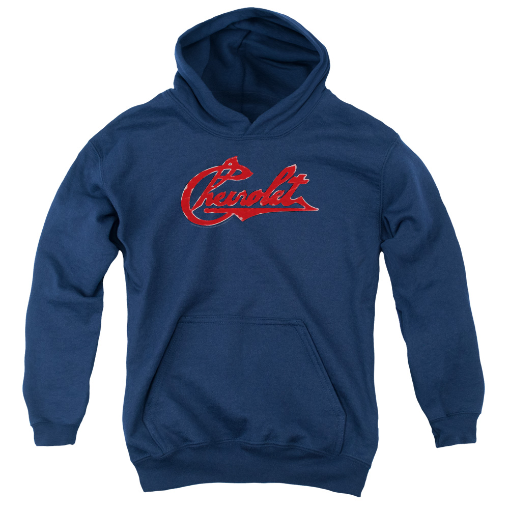 CHV109-YFTH-3 Chevrolet Script Distressed Youth Hooded Sweatshirt, Navy - Large
