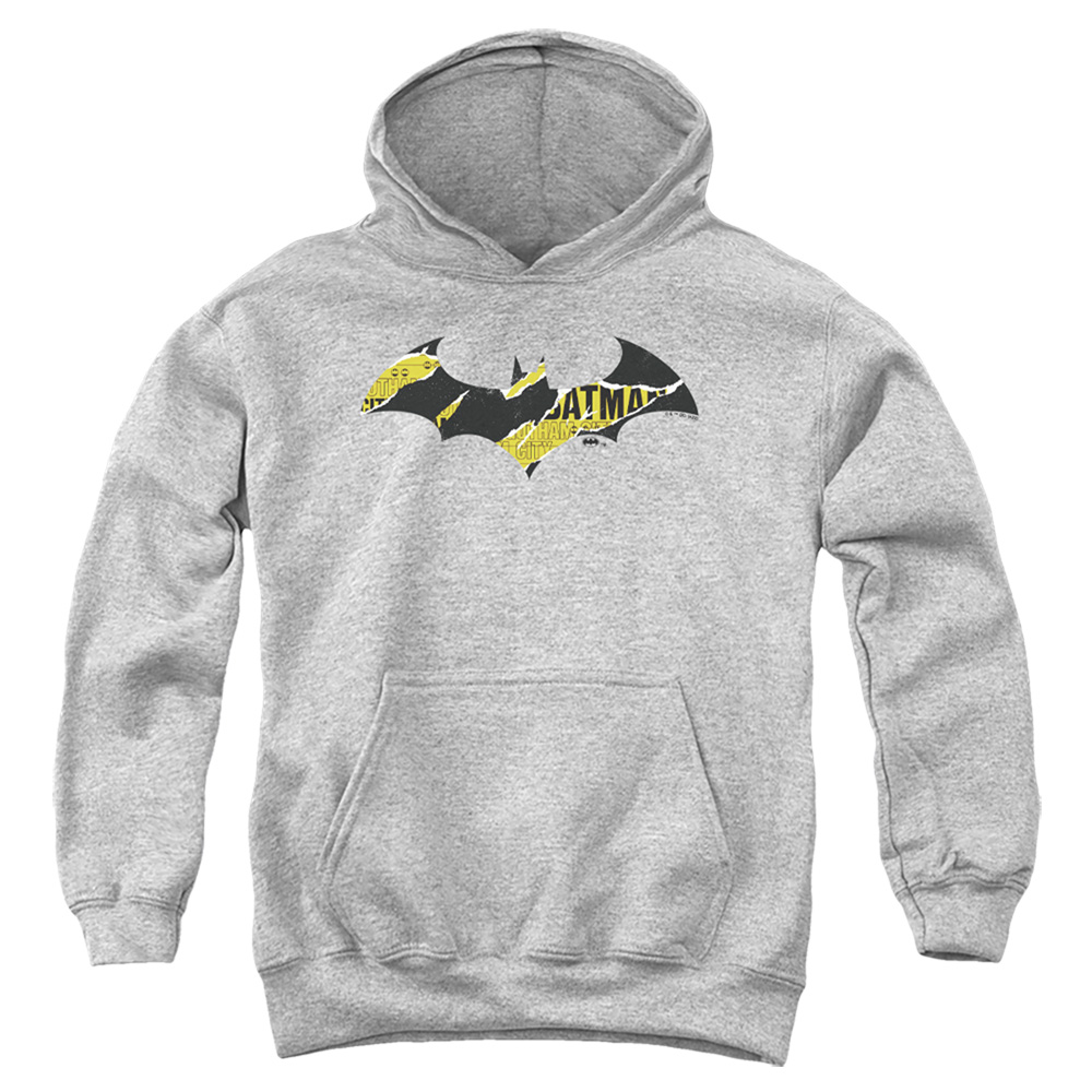BM3563-YFTH-4 Batman Torn Gotham Logo Youth Hooded Sweatshirt, Athletic Heather - Extra Large