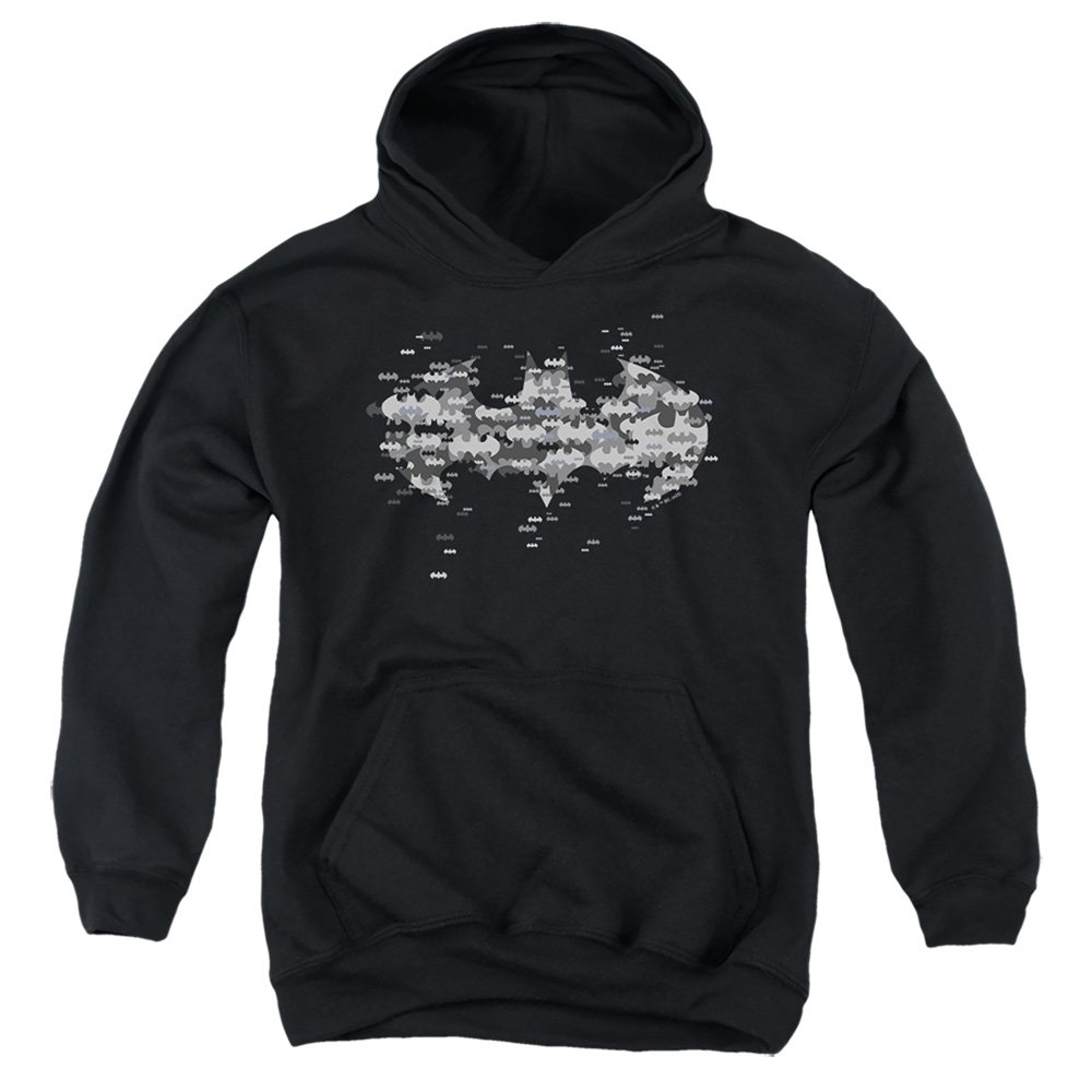 BM3565-YFTH-3 Batman Multi Bat Logo Youth Hooded Sweatshirt, Black - Large