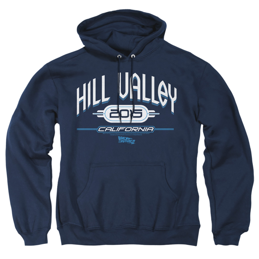 UNI384-AFTH-2 Back to the Future II Hill Valley 2015 Adult Pullover Hoodie, Navy - Medium
