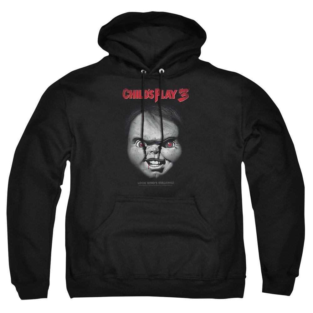 UNI889-AFTH-2 Childs Play 3 Face Poster Adult Pullover Hoodie, Black - Medium