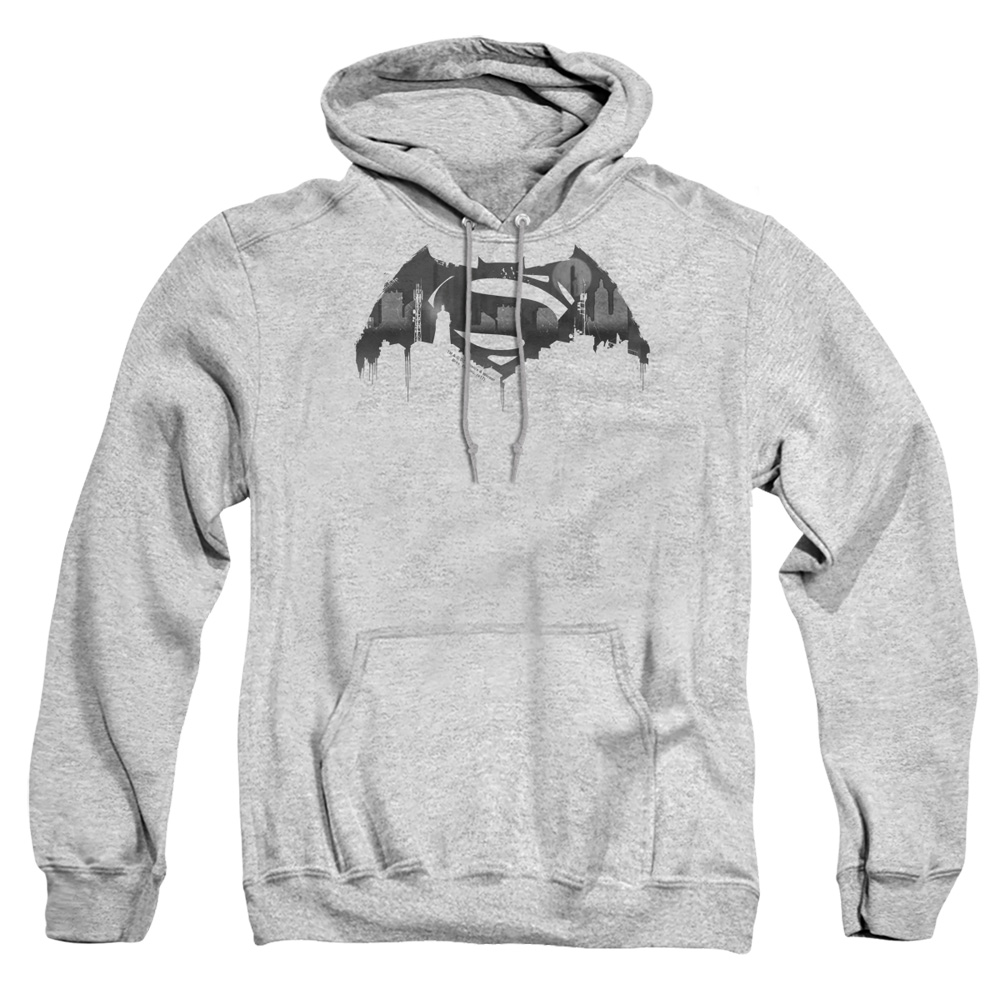BVS102D-AFTH-2 Batman vs Superman Cityscape Logo Adult Pullover Hoodie, Athletic Heather - Medium