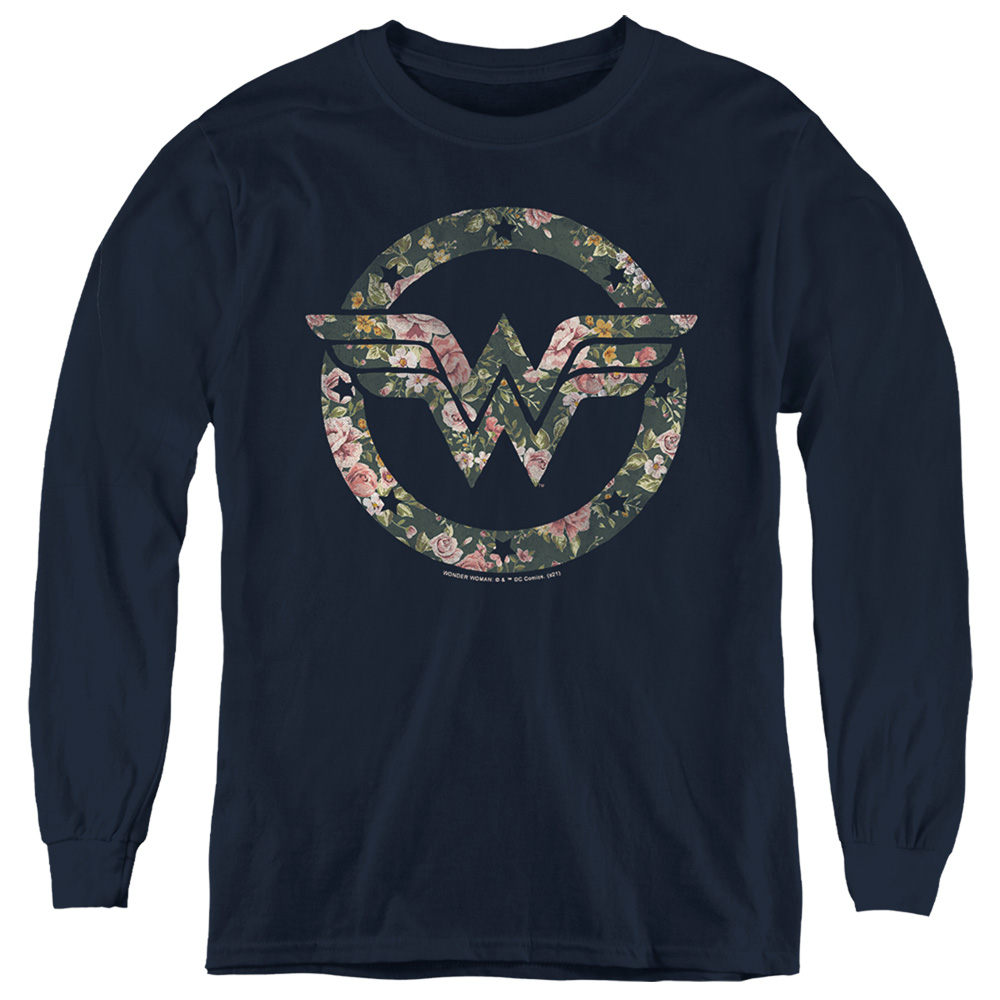 JLA1231-YL-3 DC Wonder Woman Floral Wonder Woman Logo Long Sleeve Youth T-Shirt, Navy - Large