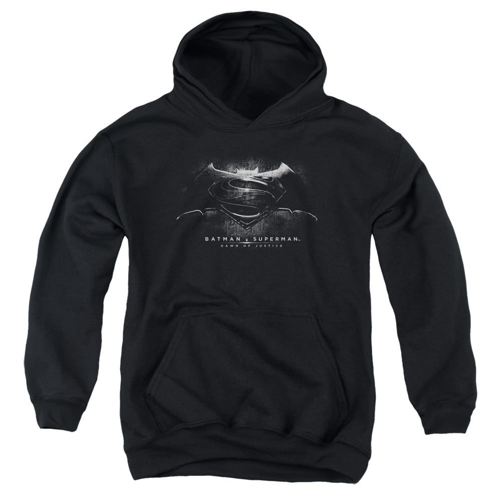 BVS104B-YFTH-2 Batman vs Superman BW Logo Youth Hooded Sweatshirt, Black - Medium