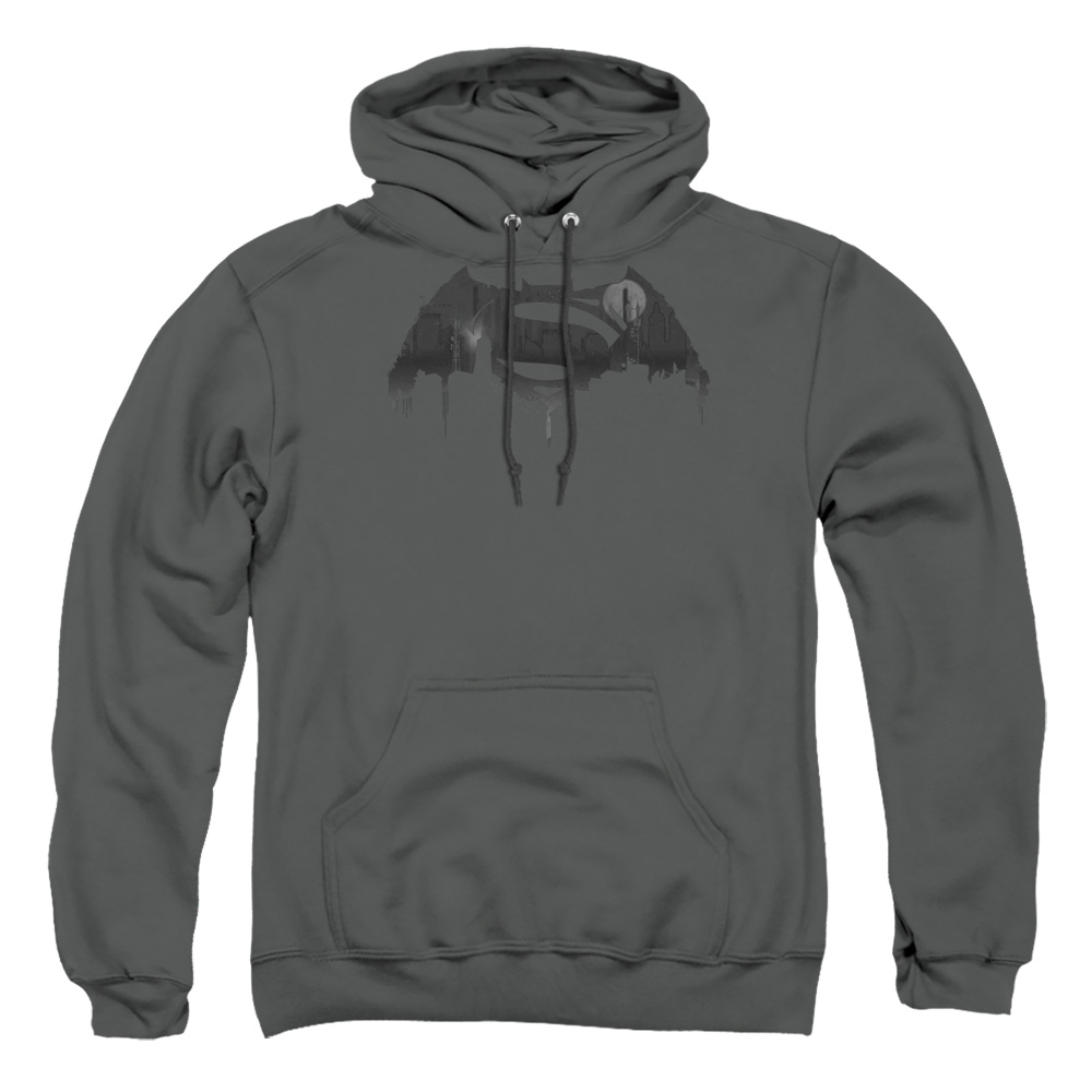 BVS102B-AFTH-2 Batman vs Superman Cityscape Logo Adult Pullover Hoodie, Charcoal - Medium