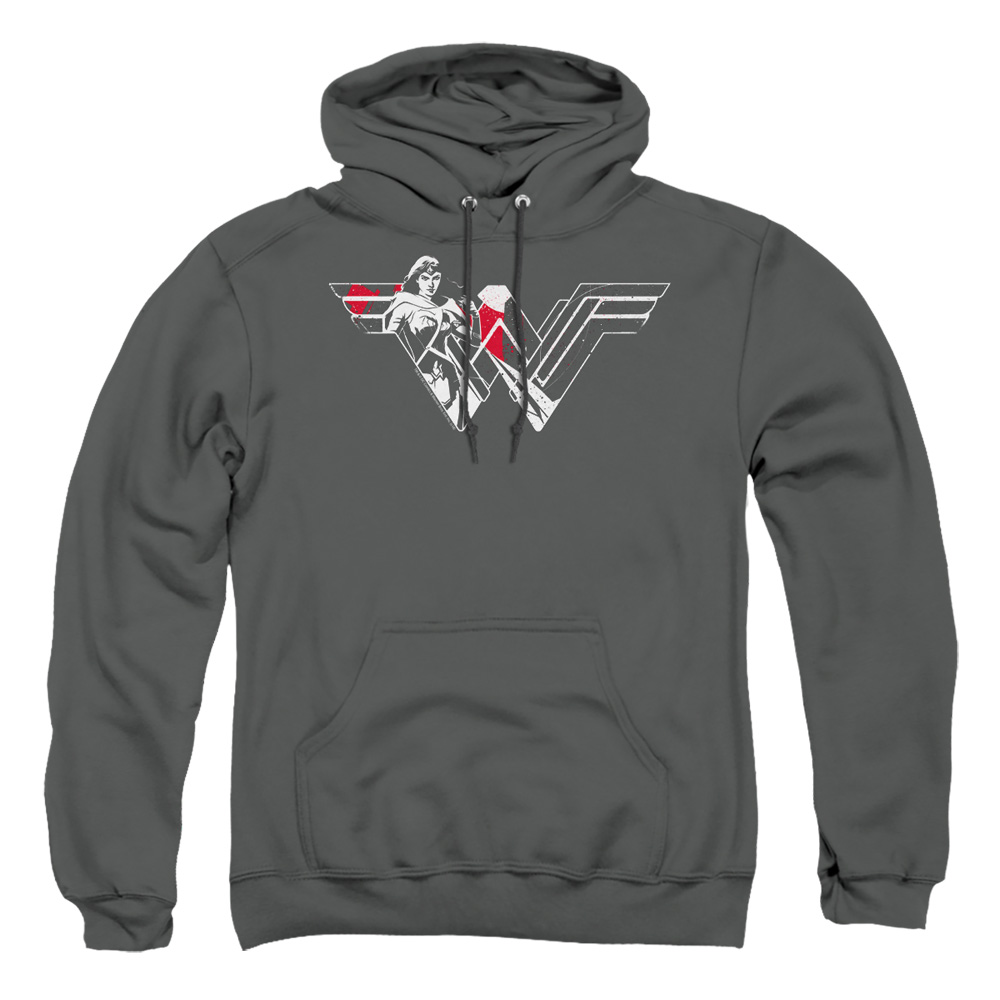 BVS121-AFTH-1 Batman vs Superman Wonder Splatter Logo Adult Pullover Hoodie, Charcoal - Small