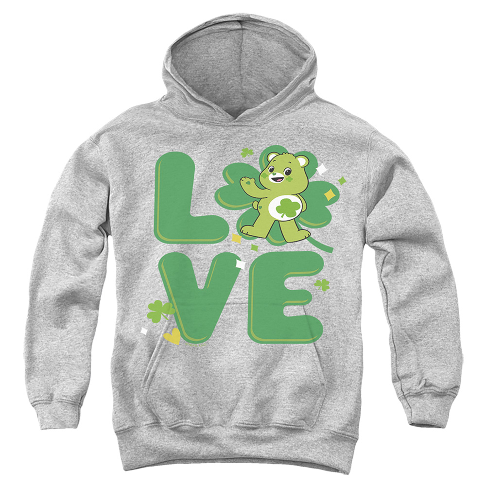 CBR10045SPD-YFTH-3 Care Bears Unlock The Magic Good Luck Bear Love St. Patricks Day Youth Hooded Sweatshirt, Athletic Heather - Large