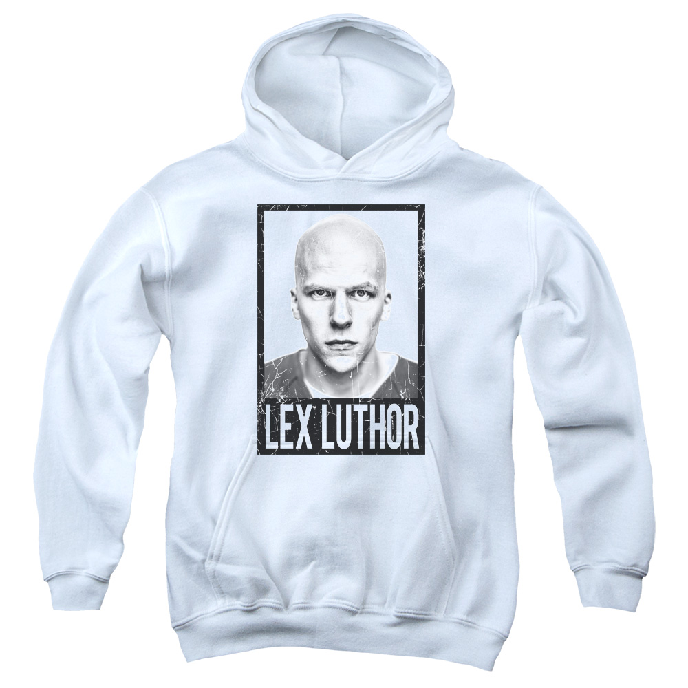 BVS182-YFTH-2 Batman vs Superman Luthor Youth Hooded Sweatshirt, White - Medium
