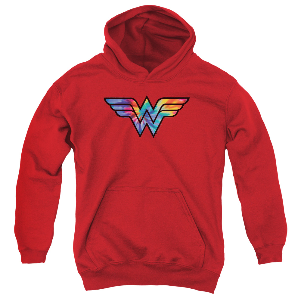 JLA795-YFTH-1 DC Wonder Woman Tie Dye Logo Youth Hooded Sweatshirt, Red - Small