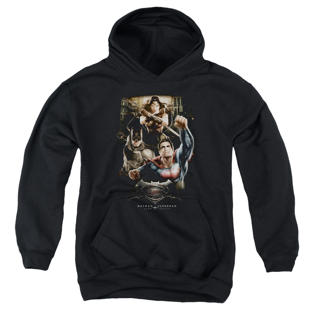 BVS172-YFTH-4 Batman vs Superman Three In Action Youth Hooded Sweatshirt, Black - Extra Large