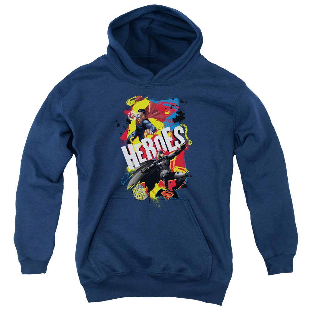 BVS202-YFTH-2 Batman vs Superman Double Hero Youth Hooded Sweatshirt, Navy - Medium