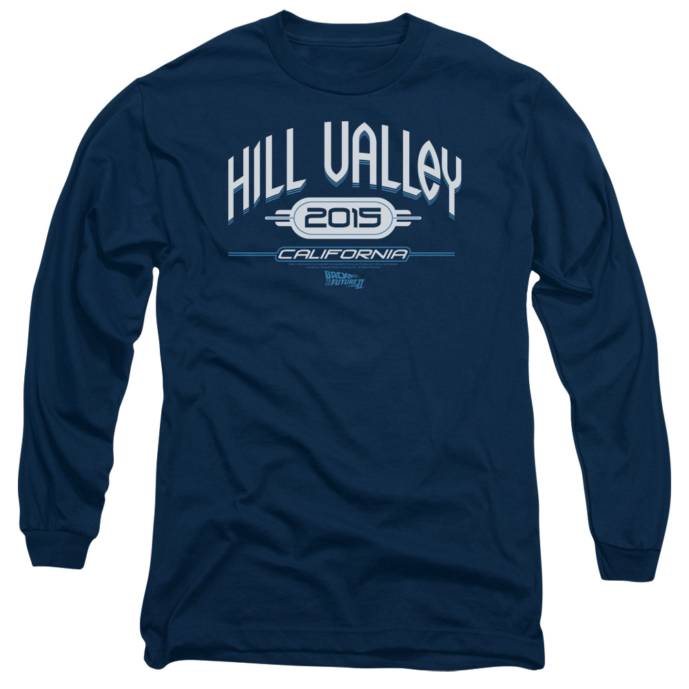 UNI384-AL-1 Back to the Future II Hill Valley 2015 Adult Long Sleeve T-Shirt, Navy - Small