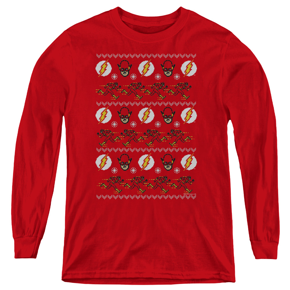 JLA770-YL-1 DC Flash The Flash Ugly Christmas Sweater Long Sleeve Youth T-Shirt, Red - Small