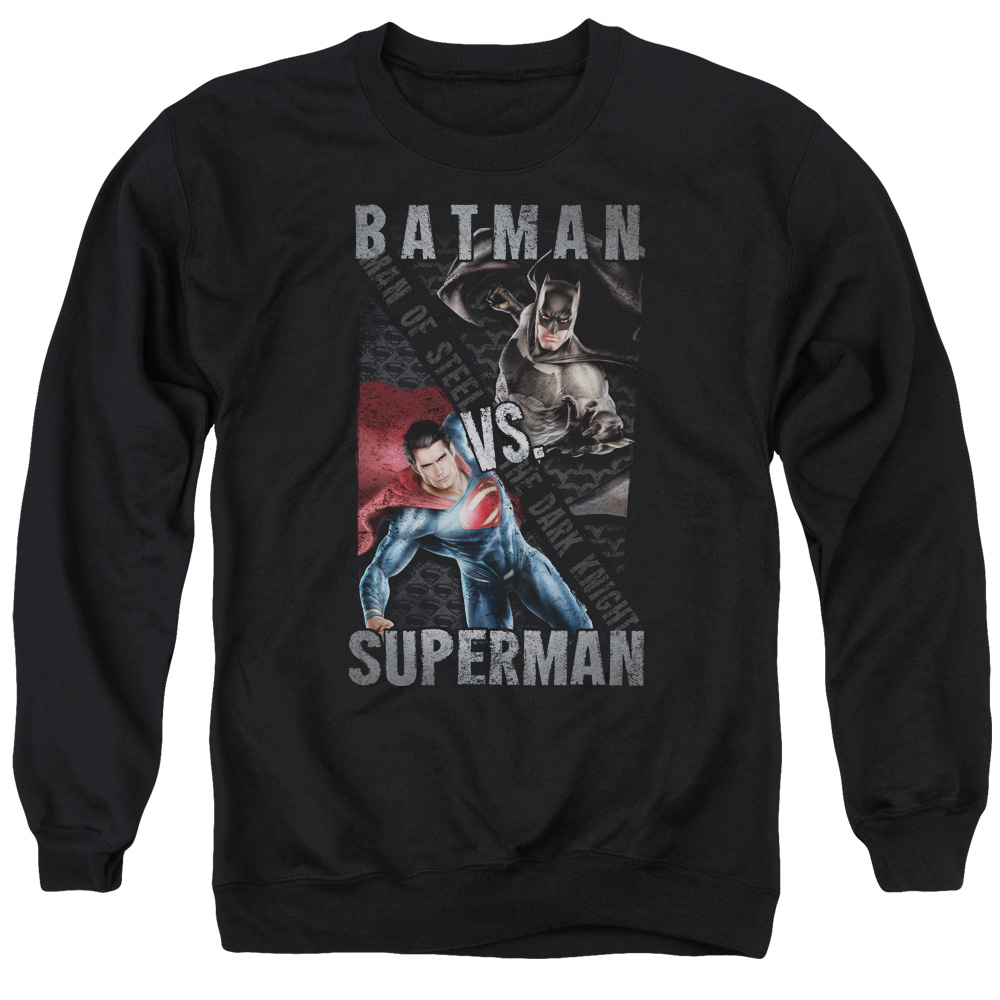 BVS122-AS-5 Batman vs Superman Hero Split Adult Crewneck Sweatshirt, Black - 2X