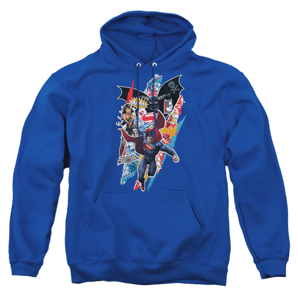 BVS198-AFTH-2 Batman vs Superman Ripped Trio Adult Pullover Hoodie, Royal - Medium