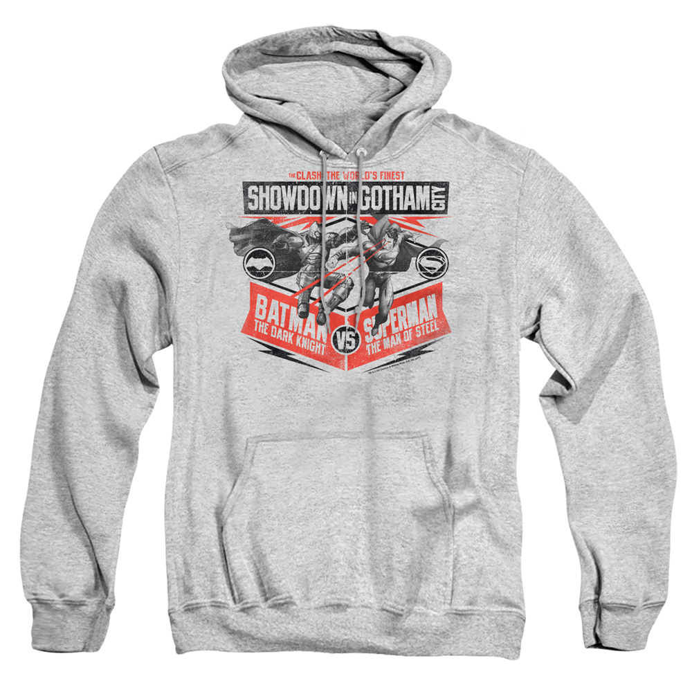 BVS188-AFTH-4 Batman vs Superman Showdown In Gotham Adult Pullover Hoodie, Athletic Heather - Extra Large