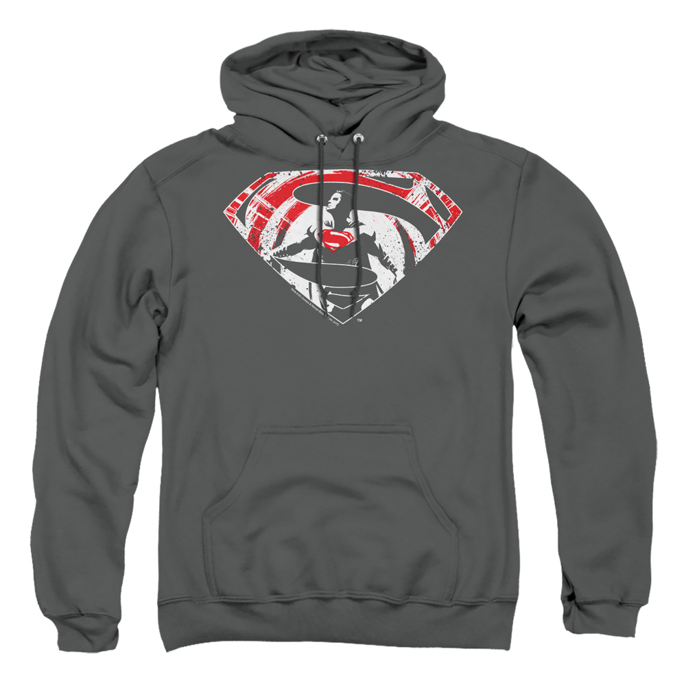 BVS118-AFTH-6 Batman vs Superman Super Splatter Logo Adult Pullover Hoodie, Charcoal - 3X
