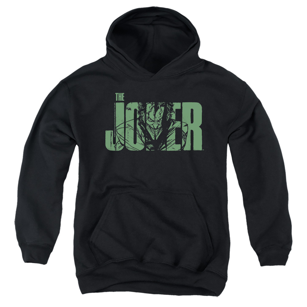 BM3476-YFTH-2 Batman Joker Text On Black Youth Hooded Sweatshirt, Black - Medium