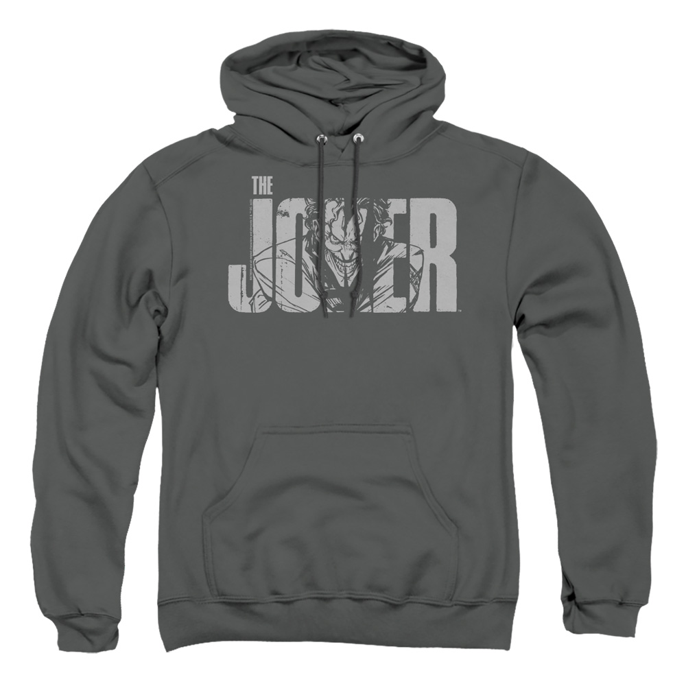 BM3477-AFTH-2 Batman Joker Text On Gray Adult Pullover Hoodie, Charcoal - Medium
