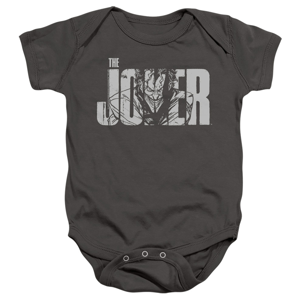 BM3477-SS-2 Batman Joker Text On Gray Infant Snapsuit, Charcoal - Medium - 12 Month