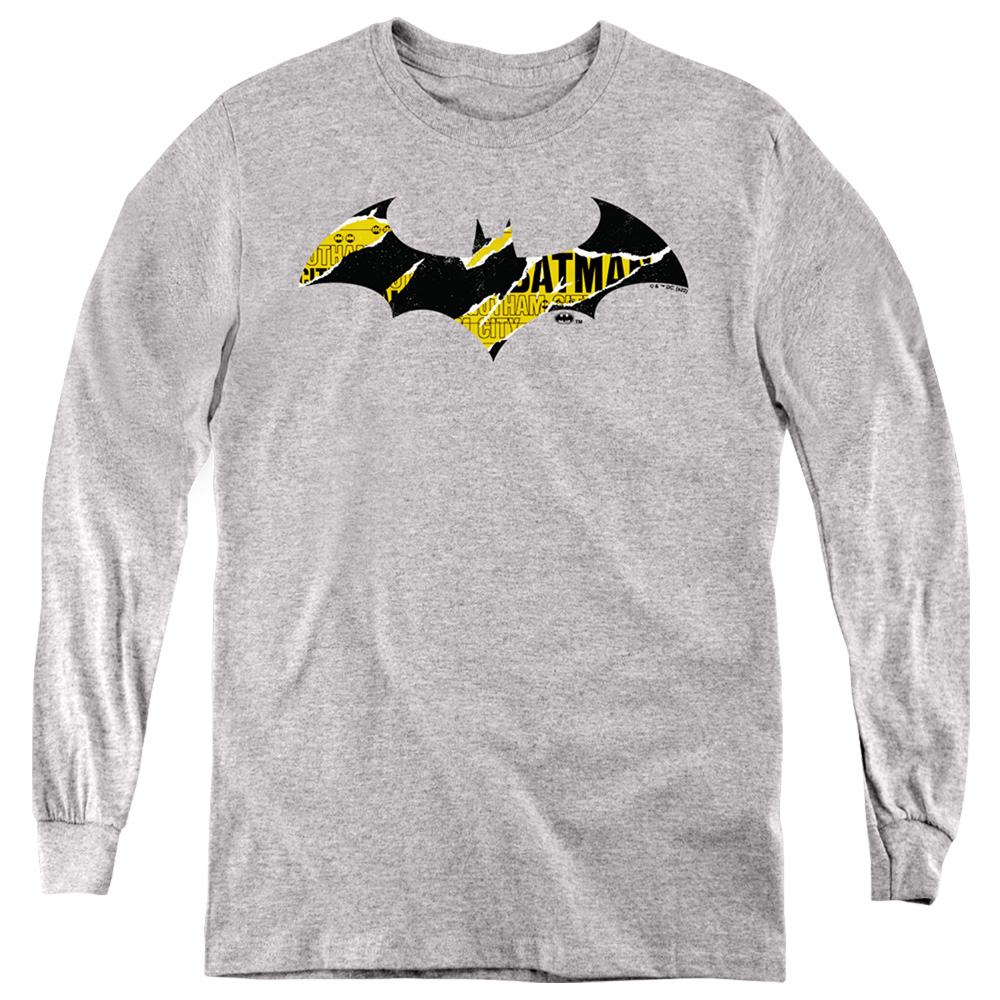 BM3563-YL-4 Batman Torn Gotham Logo Long Sleeve Youth T-Shirt, Athletic Heather - Extra Large