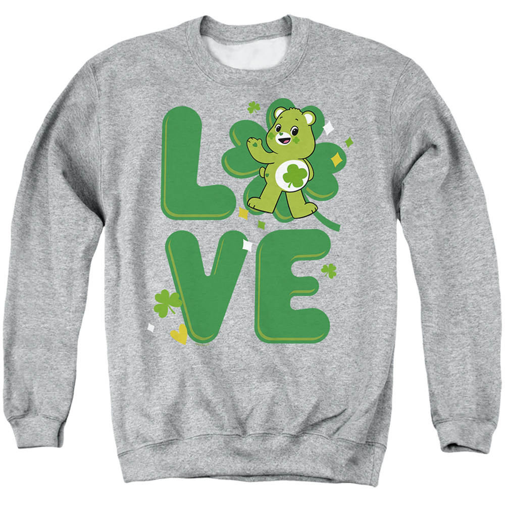 CBR10045SPD-AS-3 Care Bears Unlock The Magic Good Luck Bear Love St. Patricks Day Adult Crewneck Sweatshirt, Athletic Heather - Large