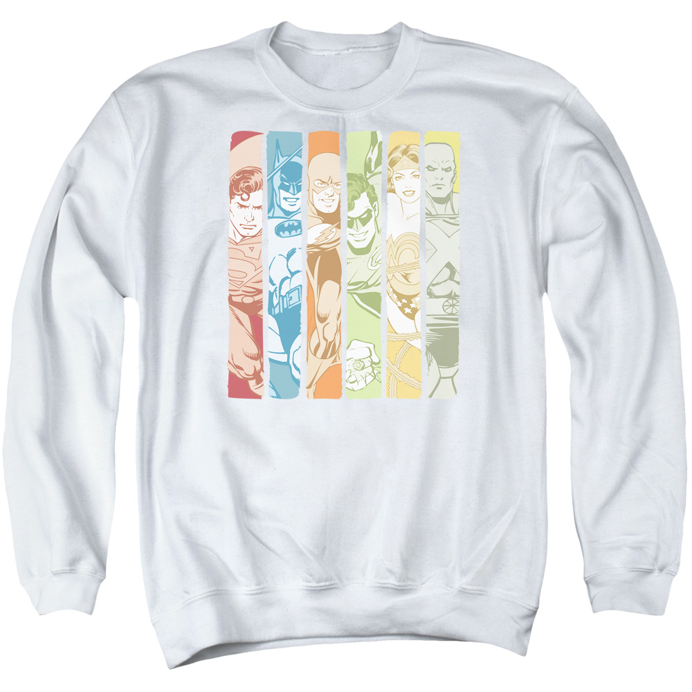 DCO109-AS-2 DC Justice League Columns Adult Crewneck Sweatshirt, White - Medium