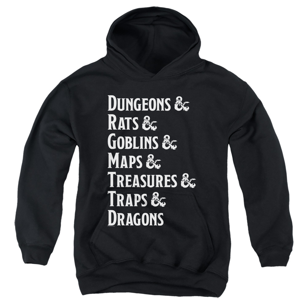 HBRO671-YFTH-4 Dungeons & Dragons Dungeon List Youth Hooded Sweatshirt, Black - Extra Large