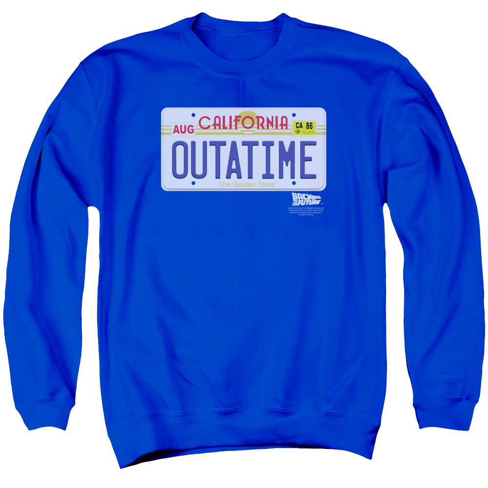 UNI509-AS-1 Back to the Future Outatime Plate Adult Crewneck Sweatshirt, Royal - Small