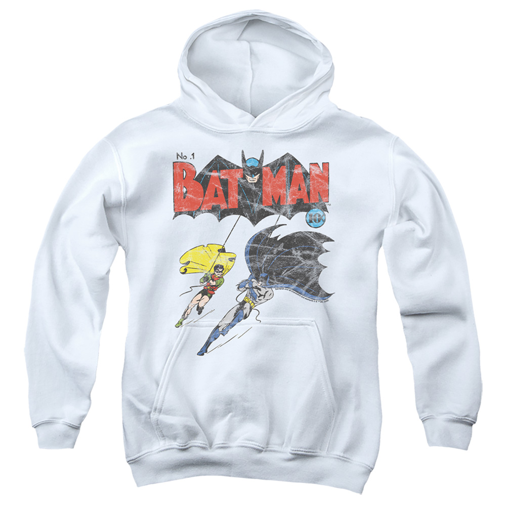 BM3433-YFTH-2 Batman No.1 2 Youth Hooded Sweatshirt, White - Medium