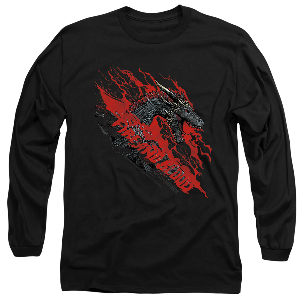 GOT107-AL-3 Game of Thrones Fire & Blood Dragon Adult Long Sleeve T-Shirt, Black - Large