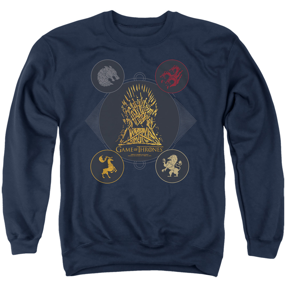 GOT227-AS-2 Game of Thrones 4 Houses 4 The Throne Adult Crewneck Sweatshirt, Navy - Medium