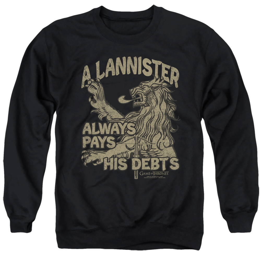 GOT228-AS-3 Game of Thrones Debts Adult Crewneck Sweatshirt, Black - Large