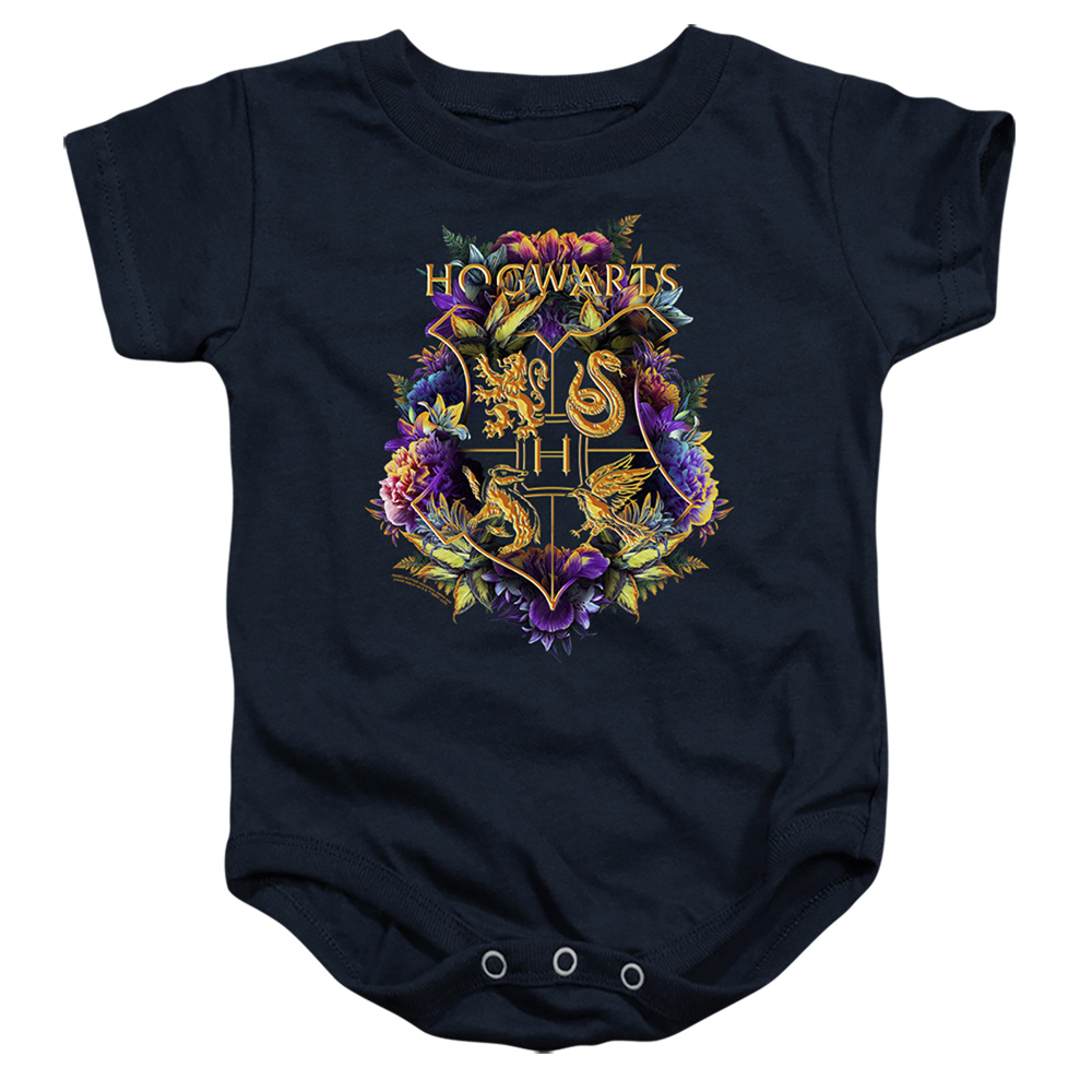 HP8502-SS-2 Harry Potter Hogwarts Floral Crest Infant Snapsuit, Navy - Medium - 12 Month