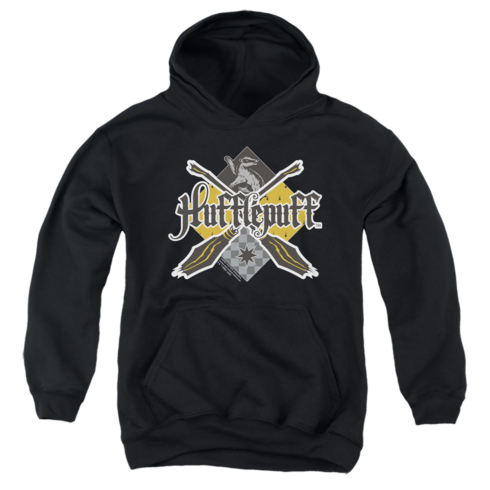 HP8417-YFTH-1 Harry Potter Hufflepuff Broomstick Decalr Logo Youth Hooded Sweatshirt, Black - Small