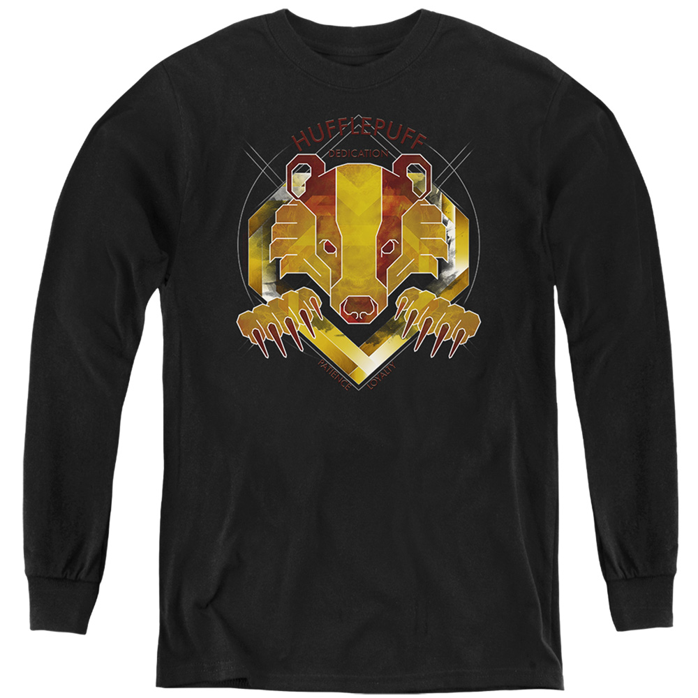 HP8371-YL-4 Harry Potter Hufflepuff Dedication Patience Loyalty Long Sleeve Youth T-Shirt, Black - Extra Large