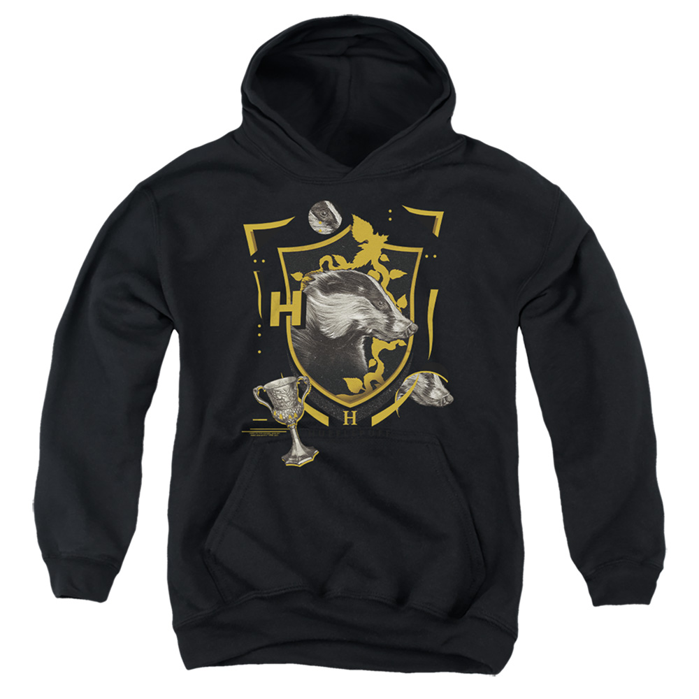 HP8490-YFTH-2 Harry Potter Hufflepuff Magicial Mischief Level Up Crest Youth Hooded Sweatshirt, Black - Medium