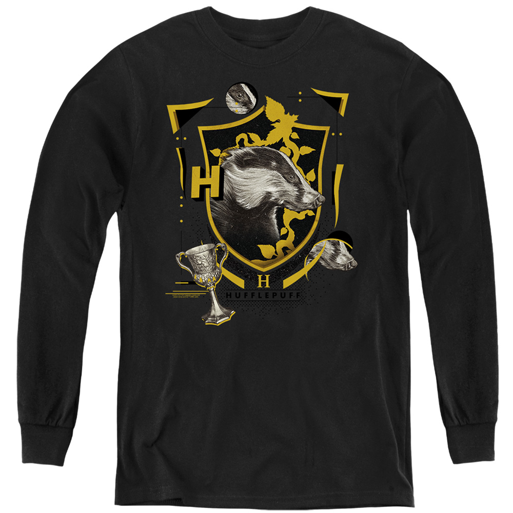 HP8490-YL-1 Harry Potter Hufflepuff Magicial Mischief Level Up Crest Long Sleeve Youth T-Shirt, Black - Small