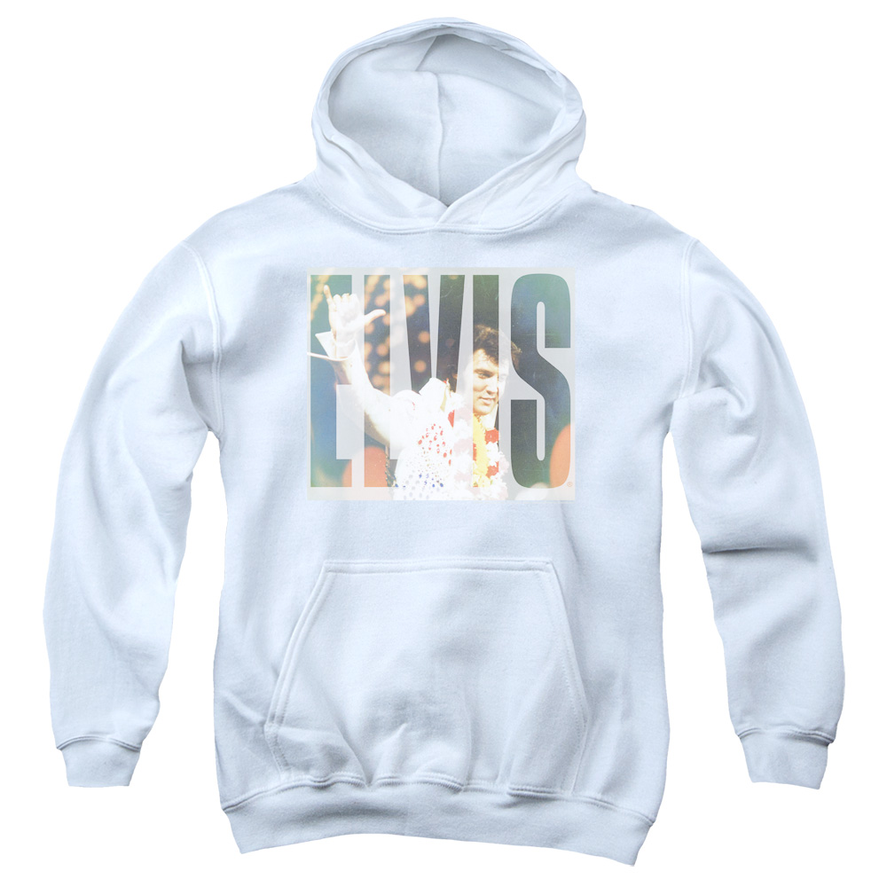 ELV821-YFTH-2 Elvis Presley Aloha Knockout Youth Hooded Sweatshirt, White - Medium