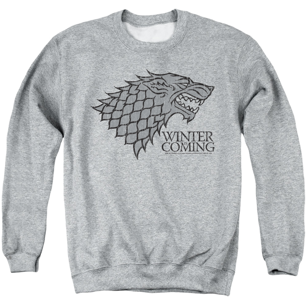 GOT264-AS-6 Game of Thrones Startk Winter Is Coming On Gray Adult Crewneck Sweatshirt, Athletic Heather - 3X