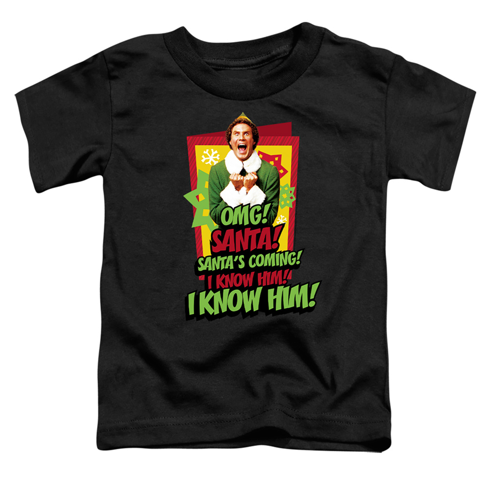 WBM1216-TT-1 ELF Santas Coming I Know Him Toddler Short Sleeve T-Shirt, Black - Small 2T