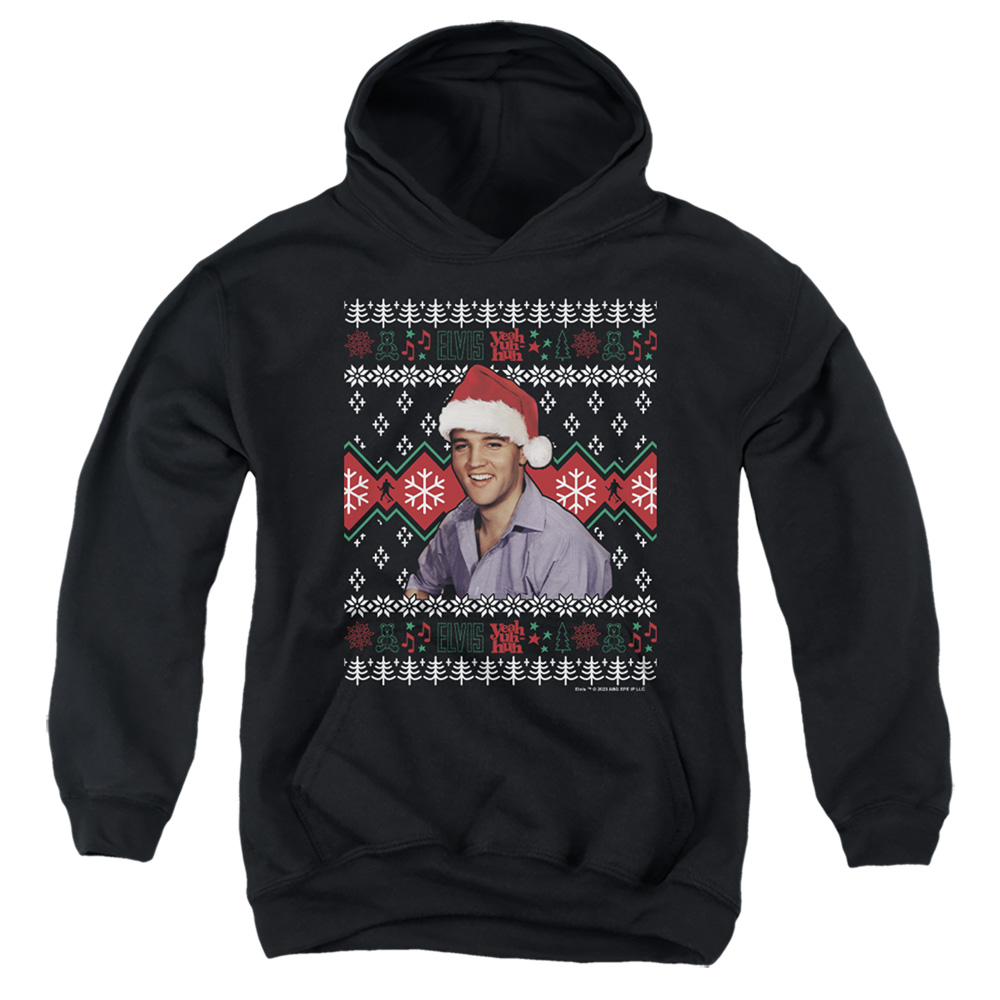 ELV1070-YFTH-1 Elvis Ugly Christmas Sweater Youth Hooded Sweatshirt, Black - Small