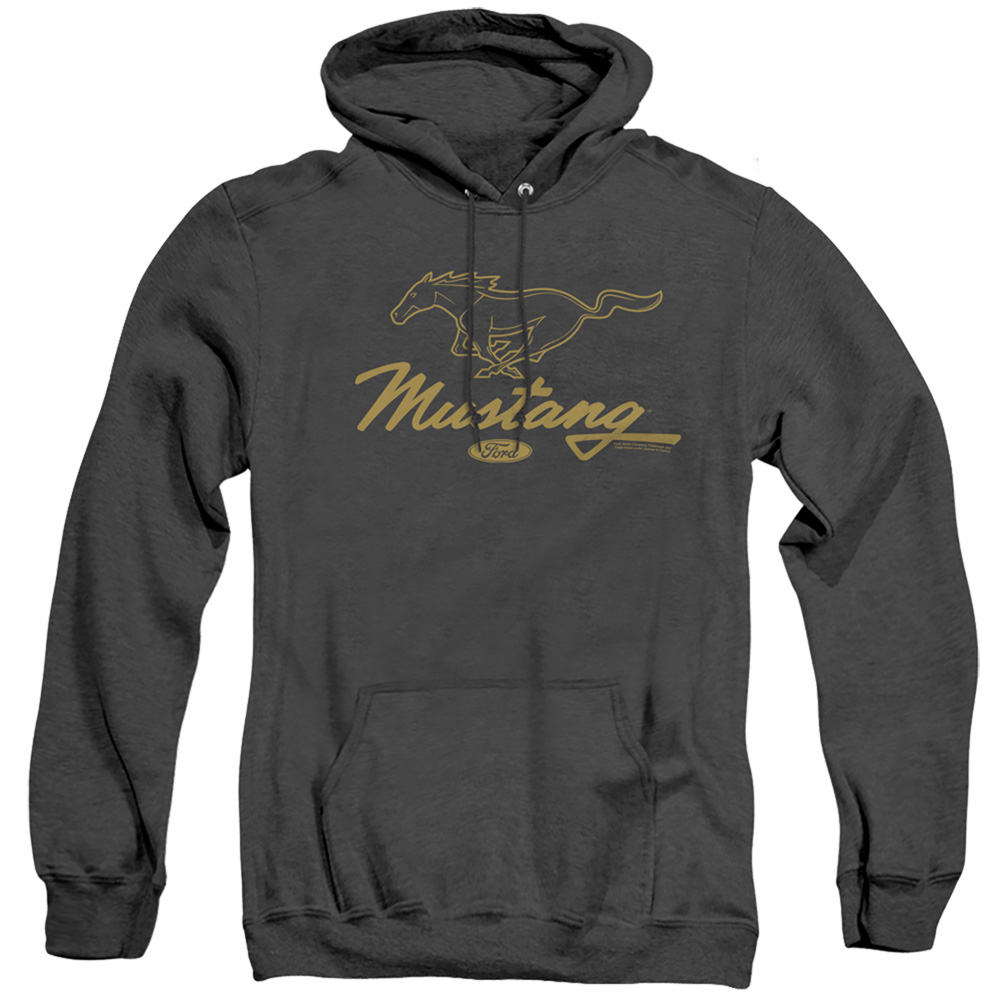 FORD151-AHH-2 Ford Mustang Pony Script Adult Heather Hoodie, Black - Medium