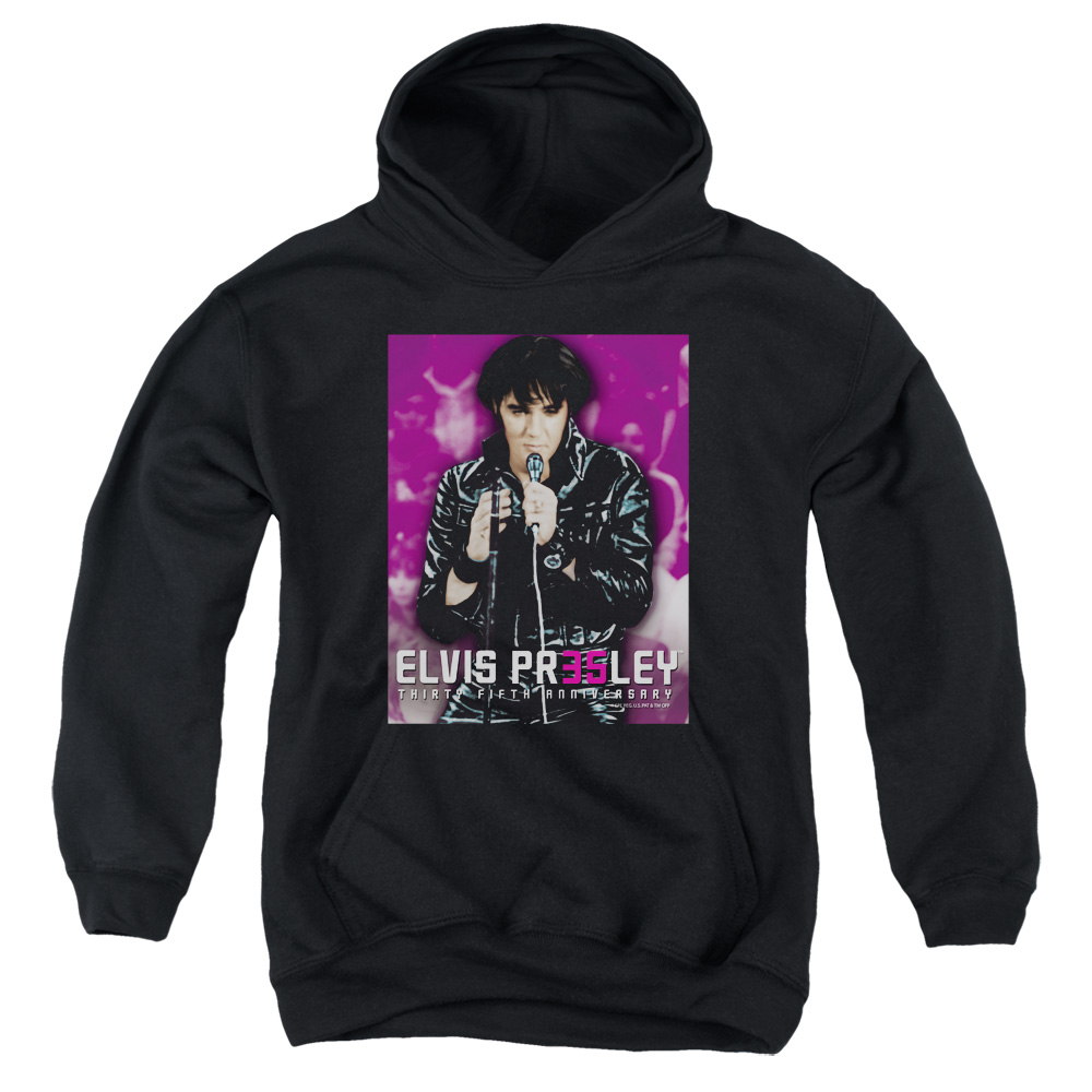 ELV749-YFTH-2 Elvis Presley 35 Leather Youth Hooded Sweatshirt, Black - Medium