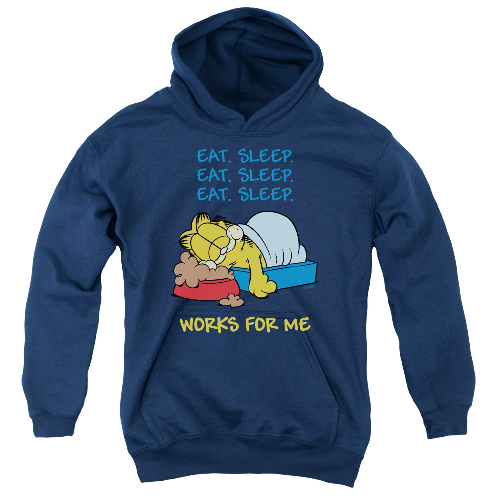 GAR271-YFTH-2 Garfield Works for Me Youth Hooded Sweatshirt, Navy - Medium