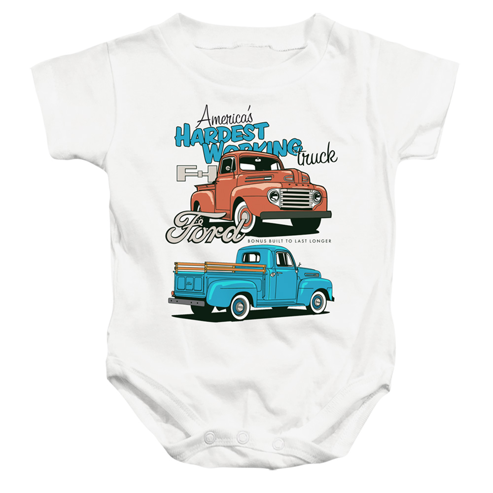 FORD127-SS-2 Ford Trucks Hardest Working Infant Snapsuit, White - Medium - 12 Month