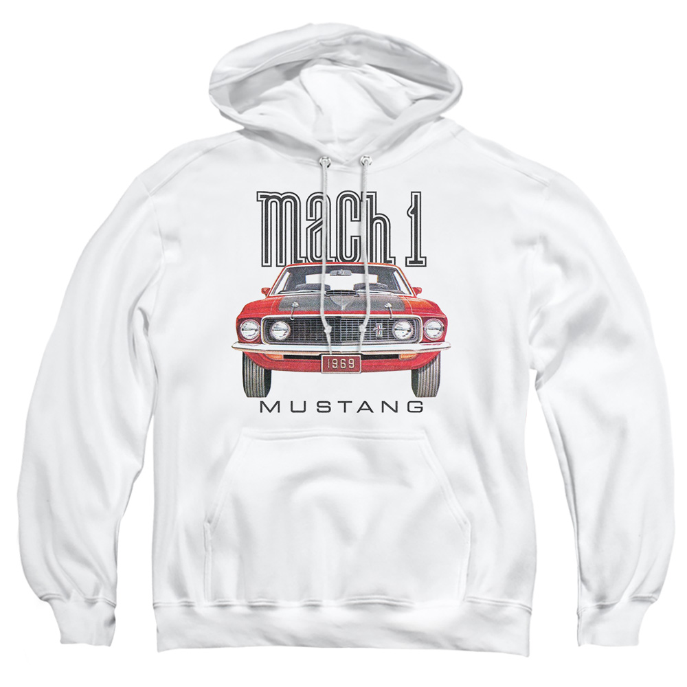 FORD134-AFTH-2 Ford Mustang 69 Mach 1 Adult Pullover Hoodie, White - Medium