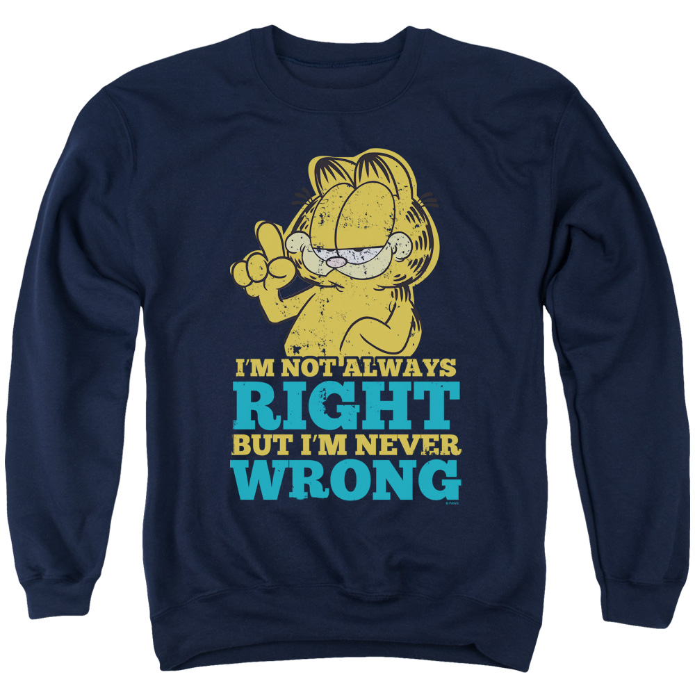 GAR499-AS-4 Garfield Never Wrong Adult Crewneck Sweatshirt, Navy - Extra Large