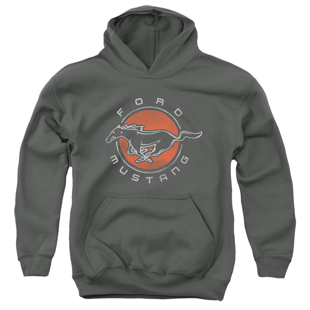 FORD133-YFTH-2 Ford Mustang Circle Youth Hooded Sweatshirt, Charcoal - Medium